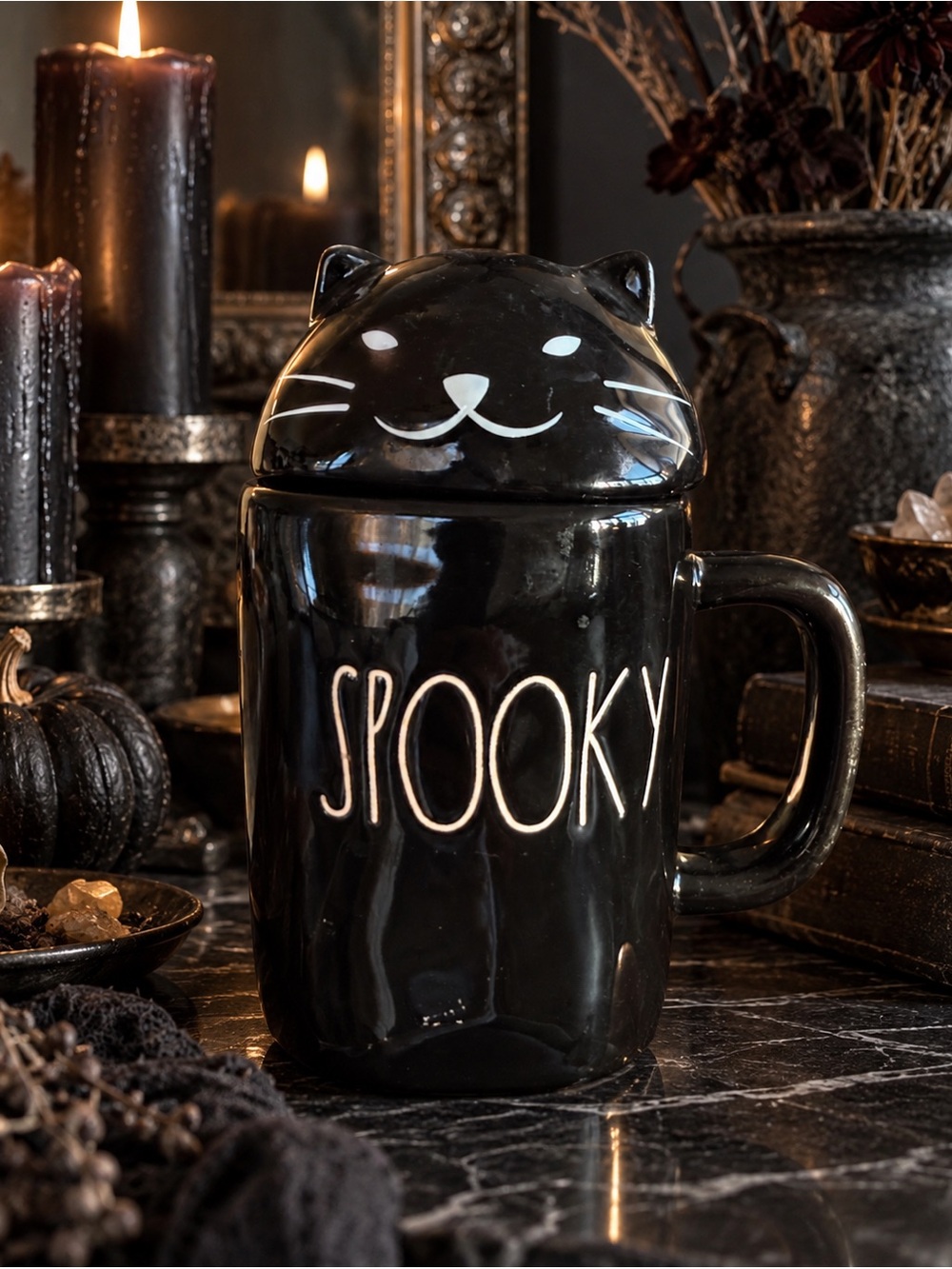 RAE DUNN Spooky Black Cat Lidded Mug – Artisan Collection by Magenta Halloween